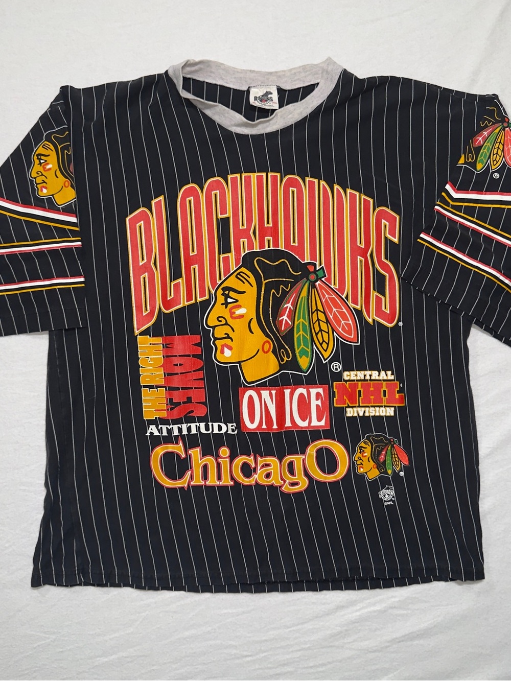 Chicago Blackhawks Kids Black Pinstripe Graphic Tee single stitch 1990s